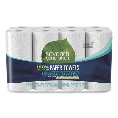 Seventh Generation Perforated Roll Paper Towels, 2 Ply, 156 Sheets, White, 8 PK SEV 13739